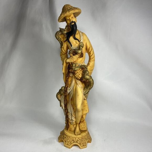 Vintage Asian Man Phoenix Birds Hand Carved Solid Resin Sculpture - Picture 9 of 9